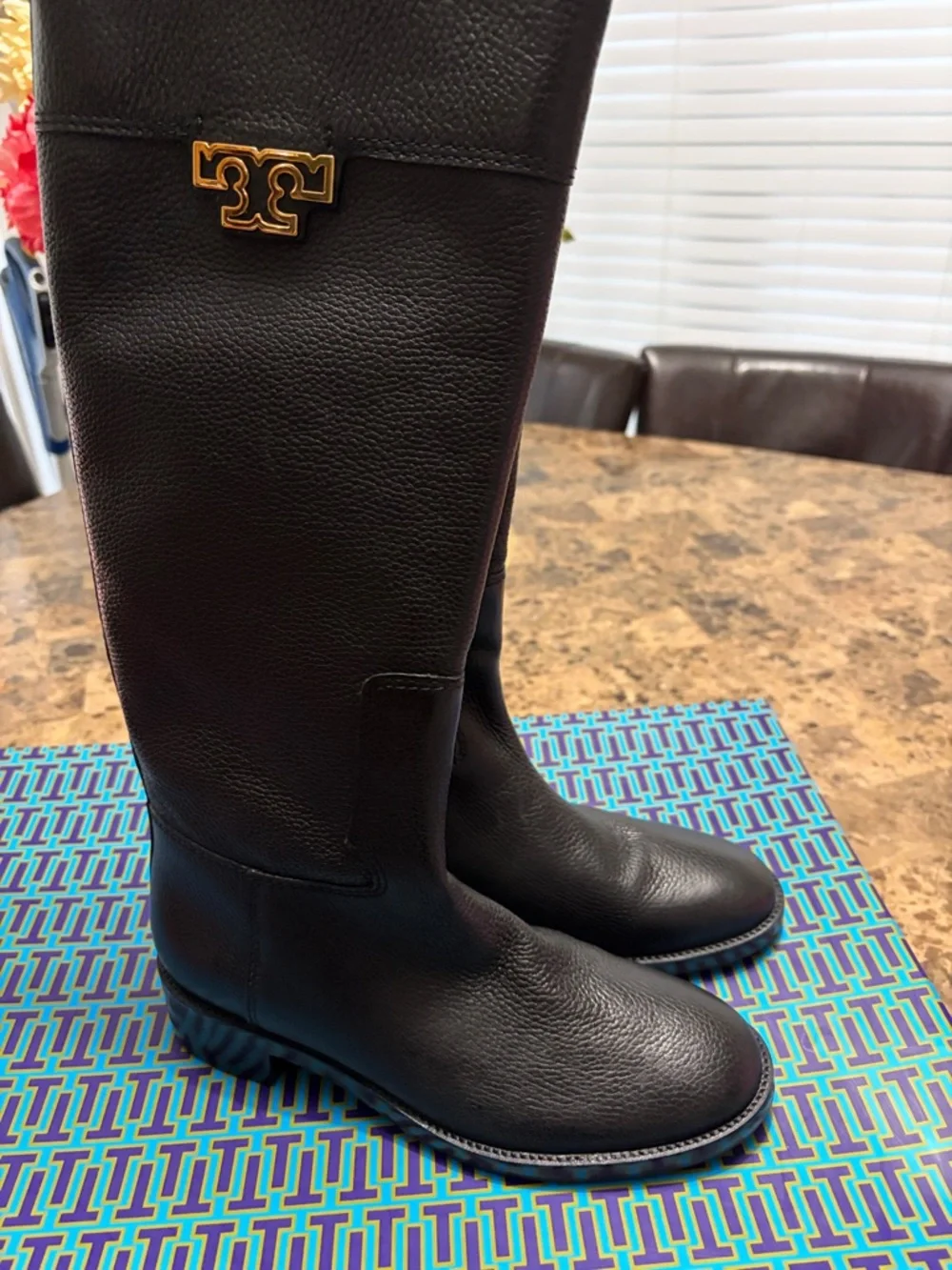 Tory Burch Black Leather Knee-High Boots with Gold Logo